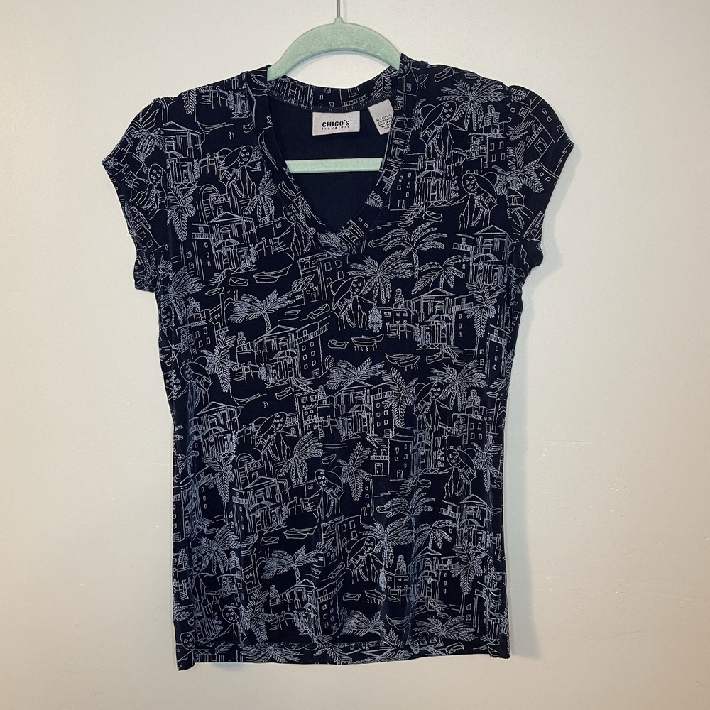Chico's Travelers Navy Blue Novelty Print Slinky Knit V Neck Stretch Top Size S